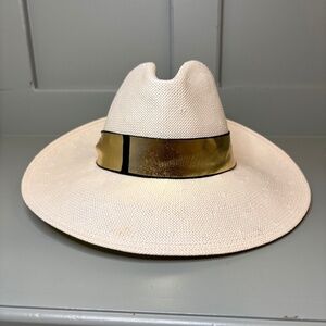 Tracy Watts Wide Brim Straw Sun Hat Sz M Metallic Gold Western Brooklyn Cowgirl‎